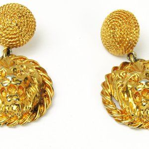 Vintage Lion Head Dangle Earrings Gold Tone Ann Klein